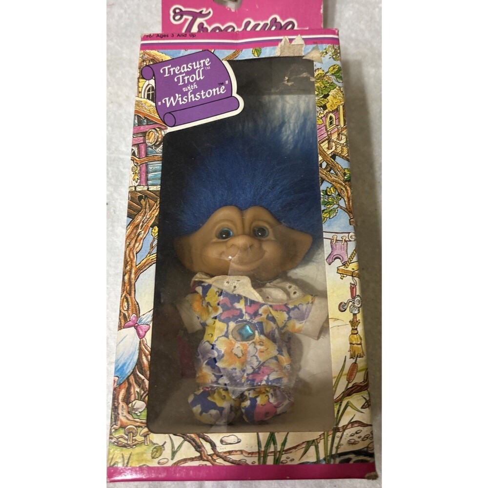 Vintage TREASURE TROLLS DOLL With Wishstone Ace Novelty  Blue Hair.  CH